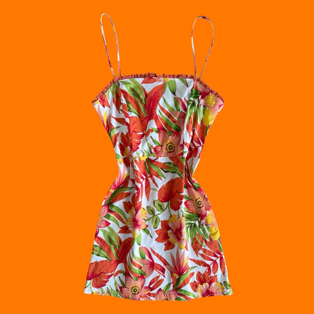 00's vintage tropical orange floral bodycon y2k mini dress 11 city triangles
